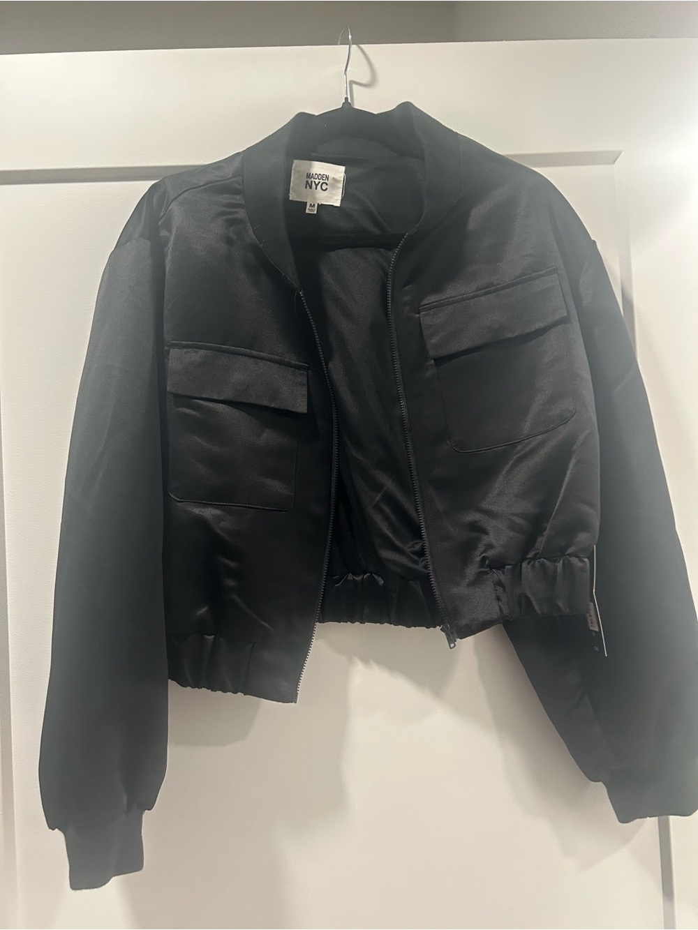 Madden NYC Women's Black Satin Cropped Bomber Jacket